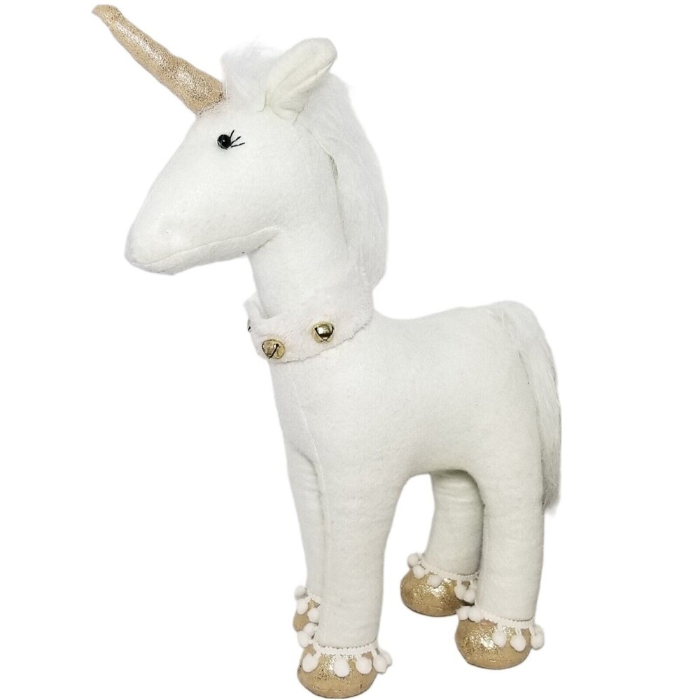Unicorn Plush Decor Christmas Holiday White Faux Fur Gold Bells 18" Figure